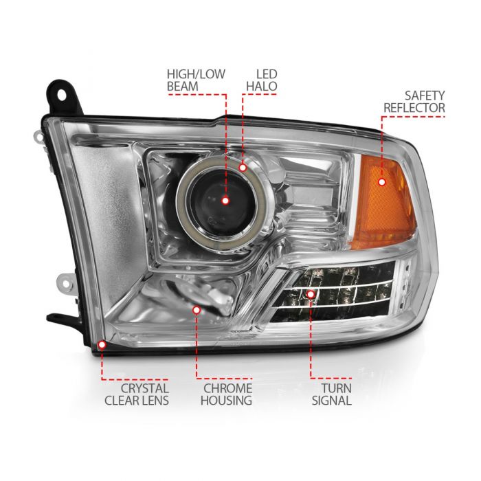 ANZO - 2009-2018 DODGE RAM 1500/2500/3500 PROJECTOR HEADLIGHTS CHROME WITH RX HALO-Headlights-Deviate Dezigns (DV8DZ9)
