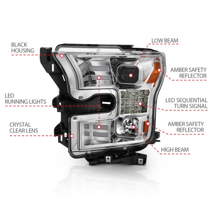 ANZO - 2015-2017 FORD F150 PROJECTOR HEADLIGHTS CHROME HOUSING WITH LED STYLE LIGHT BAR-Headlights-Deviate Dezigns (DV8DZ9)