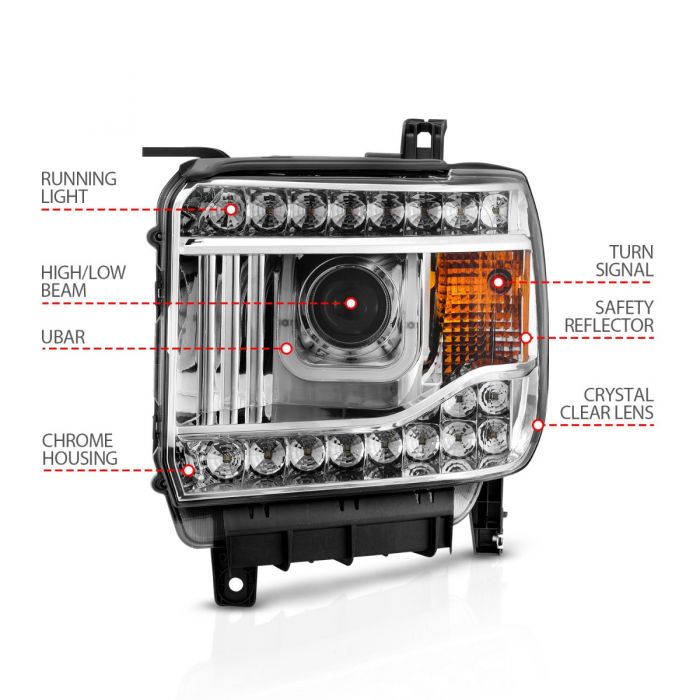 ANZO - 2014-2015 GMC SIERRA 1500/2500HD/3500HD PROJECTOR U-BAR STYLE HEADLIGHTS CHROME-Headlights-Deviate Dezigns (DV8DZ9)