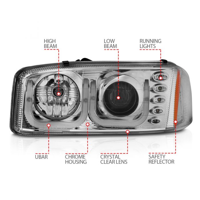 ANZO - 1999-2006 GMC SIERRA 1500/2500/3500 PROJECTOR HEADLIGHT U-BAR CHROME-Headlights-Deviate Dezigns (DV8DZ9)