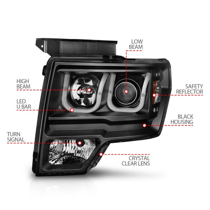 ANZO - 2009-2014 FORD F150 PROJECTOR U-BAR HEADLIGHTS BLACK-Headlights-Deviate Dezigns (DV8DZ9)