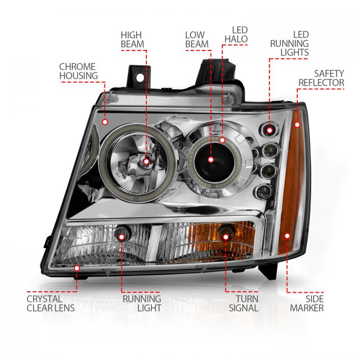 ANZO - 2007-2014 CHEVROLET TAHOE/SUBURBAN PROJECTOR HEADLIGHTS CHROME WITH RX HALO-Headlights-Deviate Dezigns (DV8DZ9)