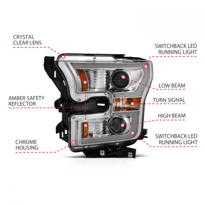 ANZO - 2015-2017 FORD F150 PROJECTOR PLANK STYLE SWITCHBACK HEADLIGHT WITH CHROME HOUSING-Headlights-Deviate Dezigns (DV8DZ9)