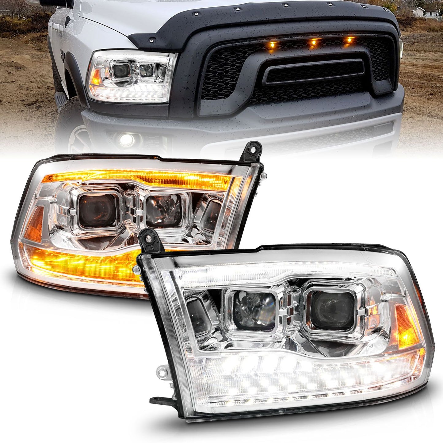 ANZO - 2009-2019 RAM 1500/2010-2018 RAM 2500/3500 PROJECTOR HEADLIGHTS CHROME HOUSING CLEAR LENS AMBER W/ SEQUENTIAL LIGHT BAR-Headlights-Deviate Dezigns (DV8DZ9)